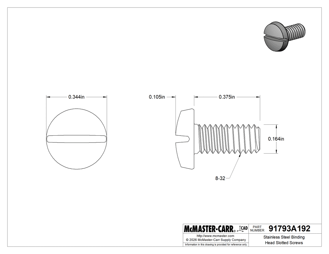 Technical Drawing of Stainless Steel Binding Head Slotted Screws, 8-32 Thread, 3/8" Long.
